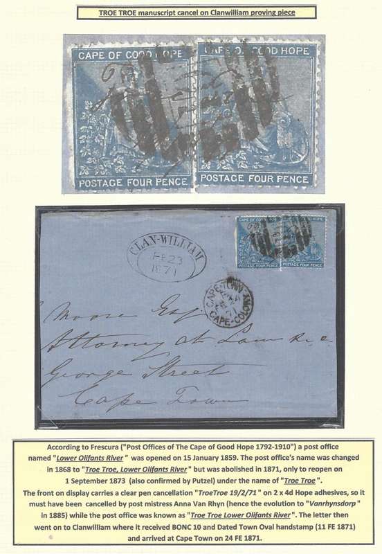 Cape Rarity: 1871 manuscript TROE TROE (Lower Olifants River?)/CLANWILLIAM/CAPE TOWN front.