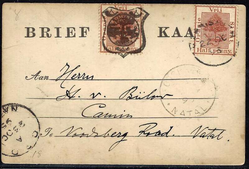OFS 1895 (22 OC)) uprated 1/2d 7th PTG Stamp Brief Kaart Harrismith/GPO NATAL/Noordberg Road.