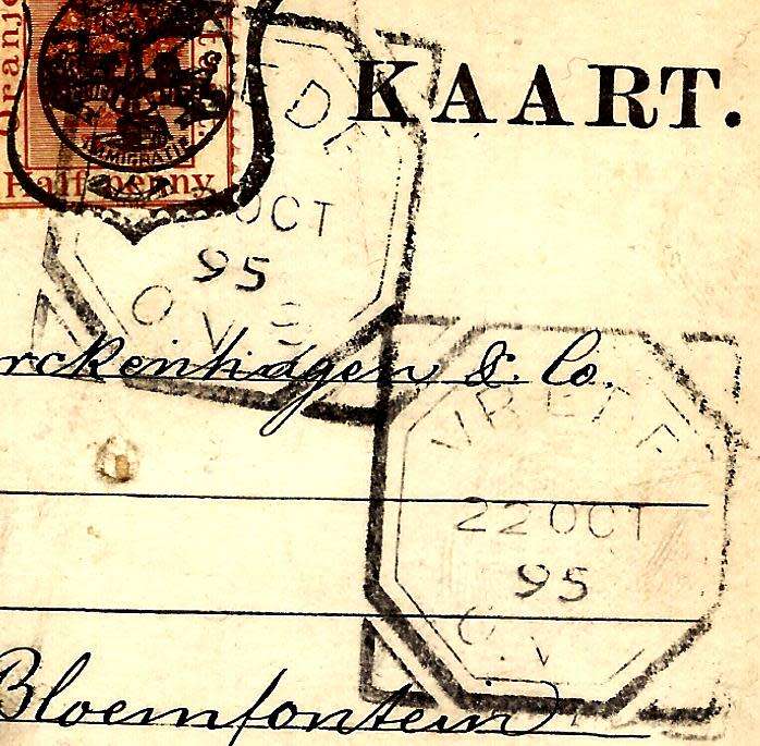 OFS 1895 (22 OC) 1/2d 7th PTG Stamp Brief Kaart Vrede (Squared Octagonal) to Bloemfontein. See below