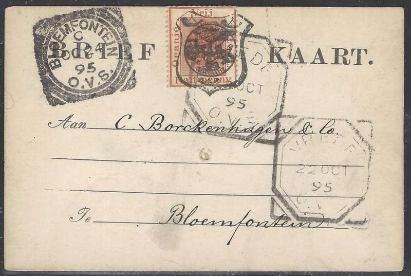 OFS 1895 (22 OC) 1/2d 7th PTG Stamp Brief Kaart Vrede (Squared Octagonal) to Bloemfontein. See below