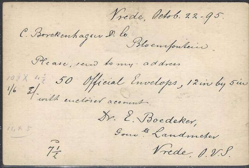 OFS 1895 (22 OC) 1/2d 7th PTG Stamp Brief Kaart Vrede (Squared Octagonal) to Bloemfontein. See below