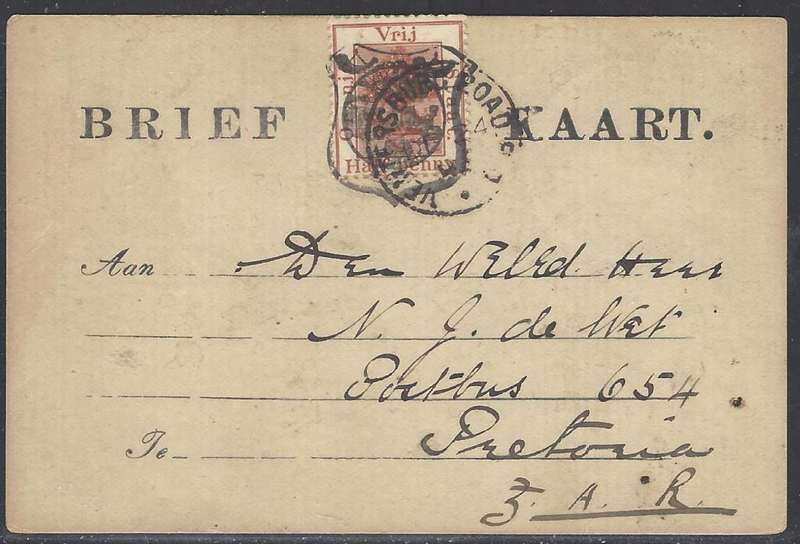 OFS 1895 (DE 24) under-franked 1/2d 7th PTG Stamp B/Kaart Ventersburg Road BO/Pretoria Xmas day cds.