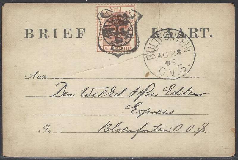 OFS 1898 (AU 28) 1/2d 7th PTG Stamp B/Kaart Bultfontein/Bloemfontein. See below.