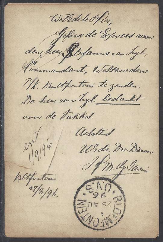 OFS 1898 (AU 28) 1/2d 7th PTG Stamp B/Kaart Bultfontein/Bloemfontein. See below.