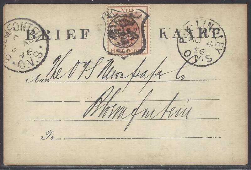 OFS 1896 (AU 4) 1/2d 7th PTG Stamp B/Kaart P.K. Lindley/Bloemfontein. See below.