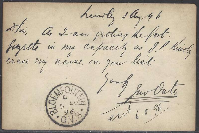 OFS 1896 (AU 4) 1/2d 7th PTG Stamp B/Kaart P.K. Lindley/Bloemfontein. See below.