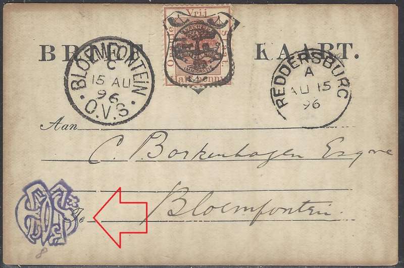 OFS 1896 (AU 4) Rare 1/2d 7th PTG B/Kaart from Reddersburg `Beervlei, R.O. K.. River Siding`.