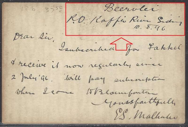 OFS 1896 (AU 4) Rare 1/2d 7th PTG B/Kaart from Reddersburg `Beervlei, R.O. K.. River Siding`.