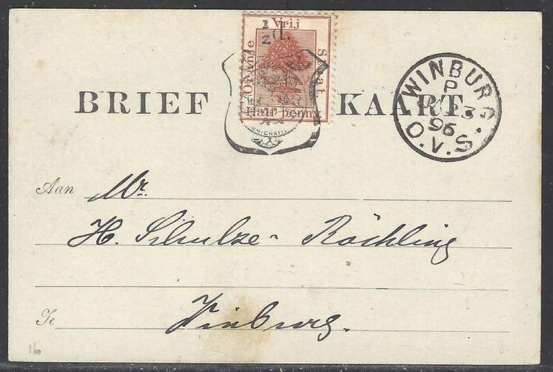 OFS 1896 (JA 3) 1/2d 8th PTG Stamp B/Kaart used locally at Winburg. See below.