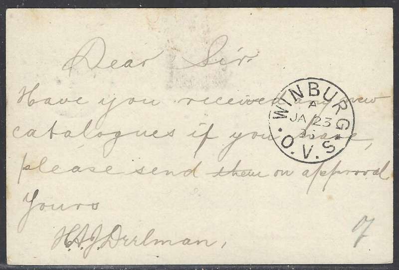 OFS 1896 (JA 3) 1/2d 8th PTG Stamp B/Kaart used locally at Winburg. See below.