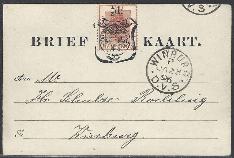 OFS 1896 (JA 23) 1/2d 8th PTG Stamp B/Kaart (thick ovpt etc) used locally at Winburg. See below.