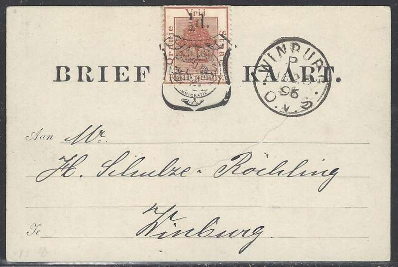 OFS 1896 (JA 26) 1/2d 8th PTG Stamp B/Kaart with `thick 1` used at Winburg. See below.