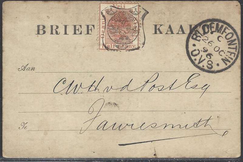 OFS 1896 (26 OC) 1/2d Ninth (9th) PTG Stamp B/Kaart from Bloemfontein to Fauresmith. See below.