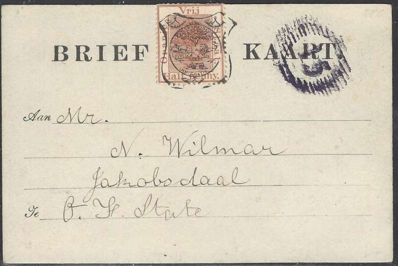 OFS 1896 (6 July) 1/2d 9th PTG Stamp B/Kaart from Bethany (purple BONC 15) to Jacobsdal . See below.