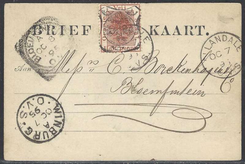 OFS 1895 (OC 7) Scarce 1/2d 9th PTG Stamp B/Kaart Allandale/Winburg/Bloemfontein. See below.