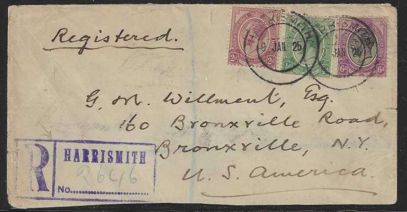 Union 1926 Scarce cover Harrismith (Boxed Registration cachet and cds) to New York. See below.