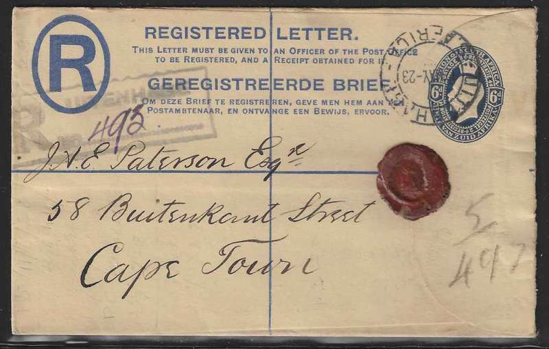 Union 1923 cover Uitenhage (Boxed Registration cachet and cds) to Cape Town. Wax seal. See below.