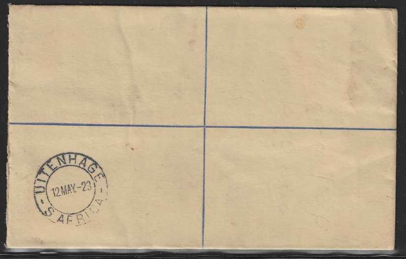 Union 1923 cover Uitenhage (Boxed Registration cachet and cds) to Cape Town. Wax seal. See below.