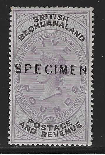 Bechuanaland 1888 Rare Five Pound SPECIMEN fine mint. SACC 21S. See below.