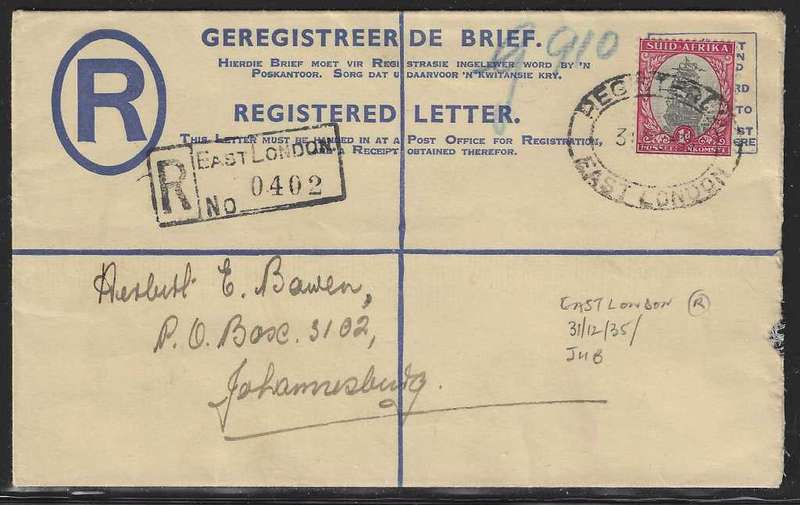 Union: 1935 registered cover EAST LONDON (rectangular h/stamp) to Johannesburg . See below.