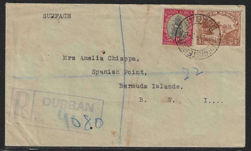 Union: 1937 registered cover Durban/Trinidad/New York/Spanish Point, Bermuda . See below.