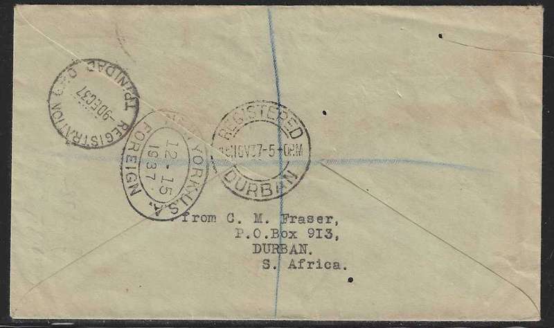 Union: 1937 registered cover Durban/Trinidad/New York/Spanish Point, Bermuda . See below.