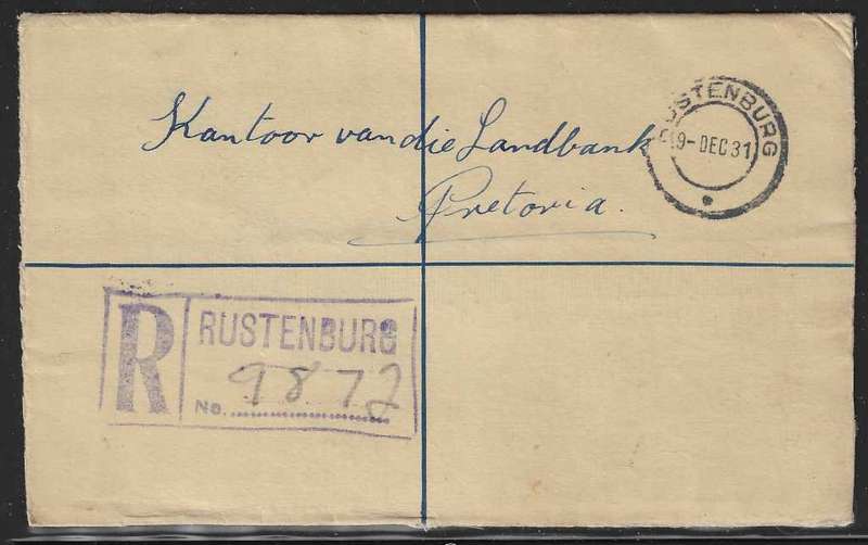 Union 1931 Registered cover RUSTENBURG (larger rectangular h/stamp) to Pretoria. See below.