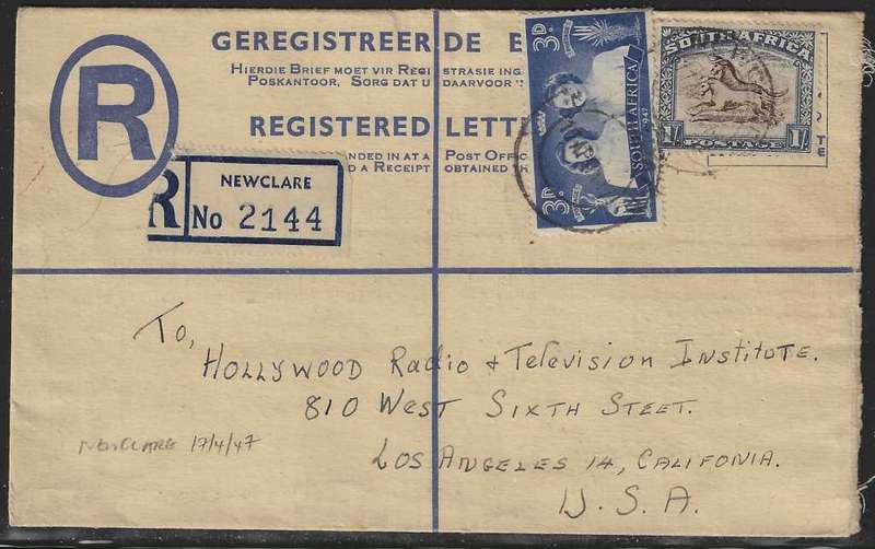 Union 1947 Registered cover Newclare via New York to Los Angeles. See below.