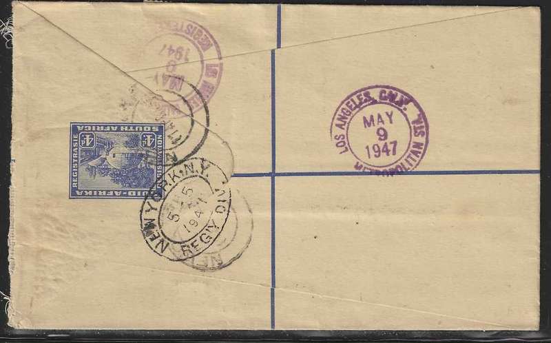 Union 1947 Registered cover Newclare via New York to Los Angeles. See below.