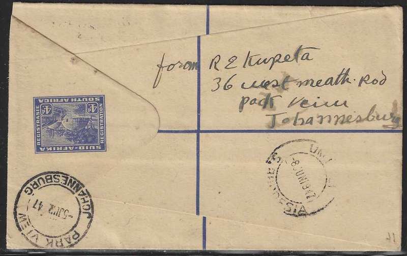 Union 1947 Registered cover Parkview to Umtali, S. Rhodesia. See below.