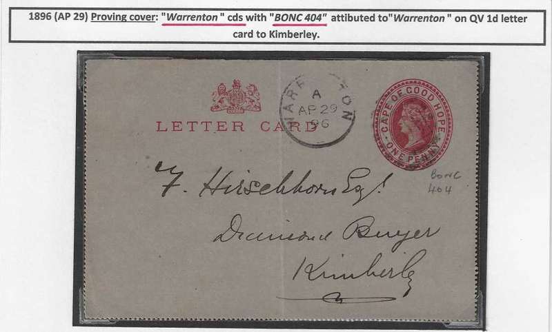 Cape: 1896 scarce Proving cover: WARRENTON cds and BONC 404. See below.