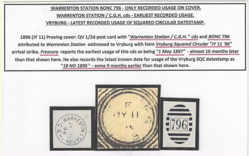 Cape rarity: 1896 only known Proving cover: WARRENTON STATION cds, BONC 796, Vryburg latest cds.