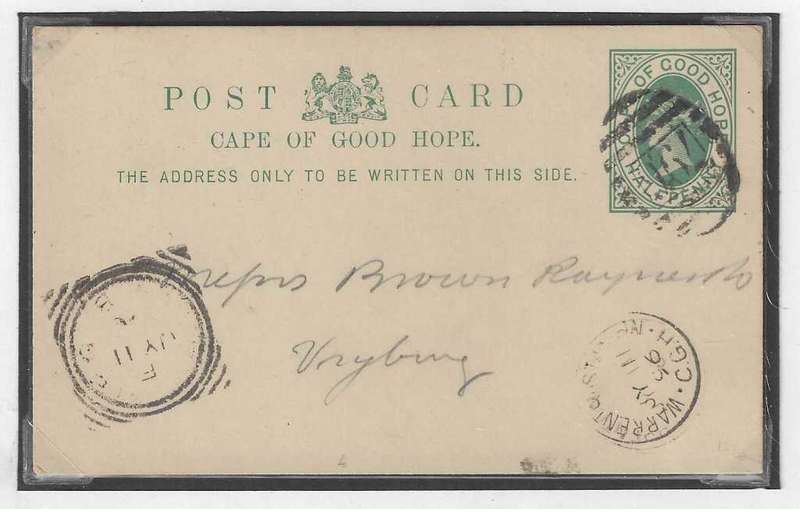 Cape rarity: 1896 only known Proving cover: WARRENTON STATION cds, BONC 796, Vryburg latest cds.