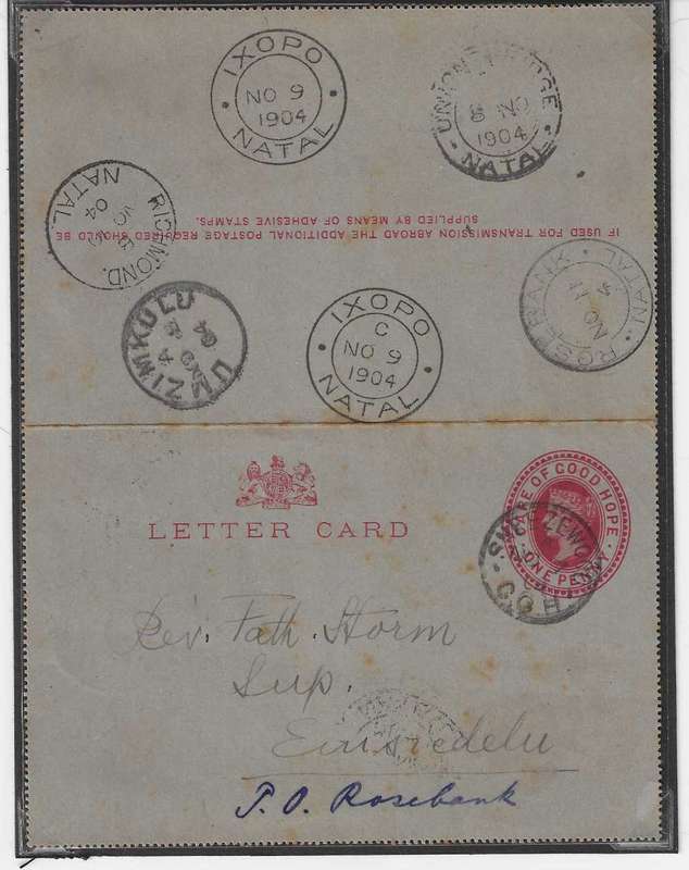 Cape/Griq. East/Natal rarity: 1904 cover Sneezewood/Union Bridge/Umzimkulu/Ixopo/Richmond/Rosebank.