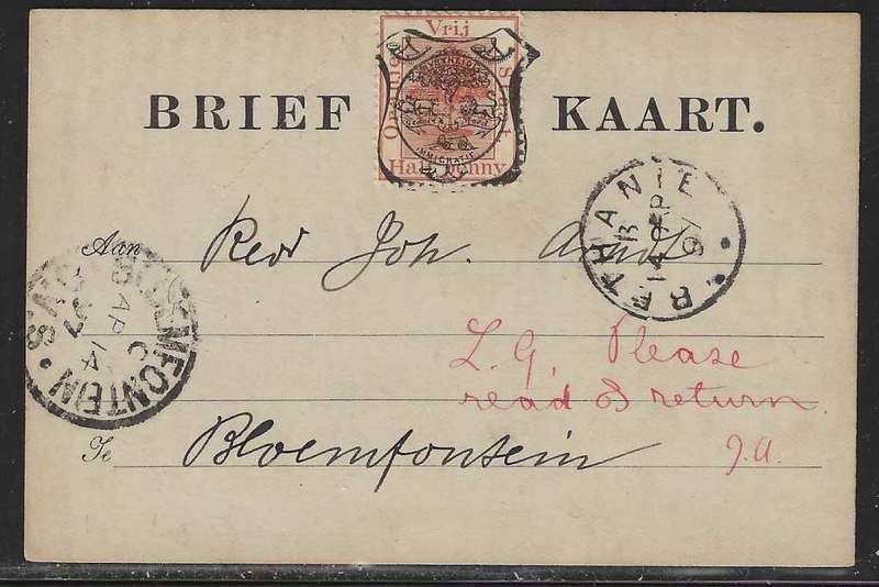 OFS 1897 (14 AP) 1/2d 9th PTG Stamp B/Kaart Bethanie to Bloemfontein. See below.