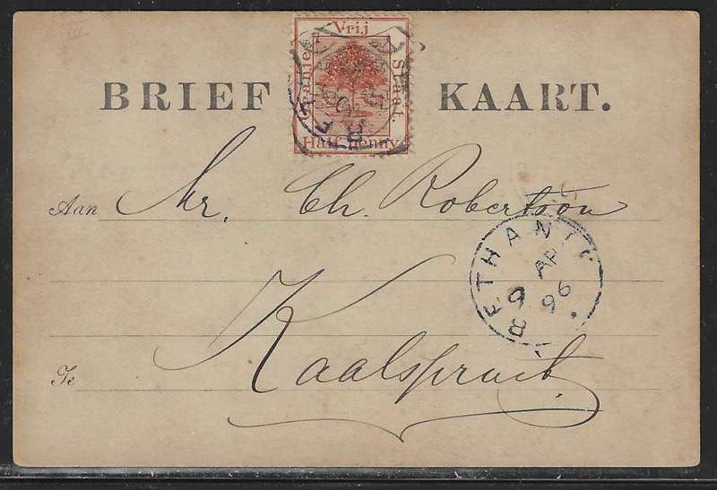 OFS 1896 (9 AP) Rare 1/2d 9th PTG Stamp B/Kaart Bethanie to KAALSPRUIT. See below.