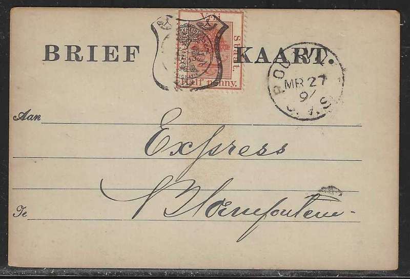 OFS 1897 (MR 27) 1/2d 9th PTG Stamp B/Kaart Rouxville to Bloemfontein. See below.