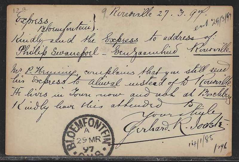 OFS 1897 (MR 27) 1/2d 9th PTG Stamp B/Kaart Rouxville to Bloemfontein. See below.