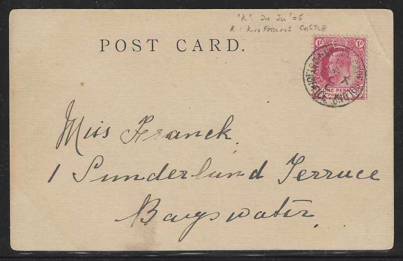 Cape Ocean PO: 1905 `SS Kinfauns Castle` card to Bayswater. See below.