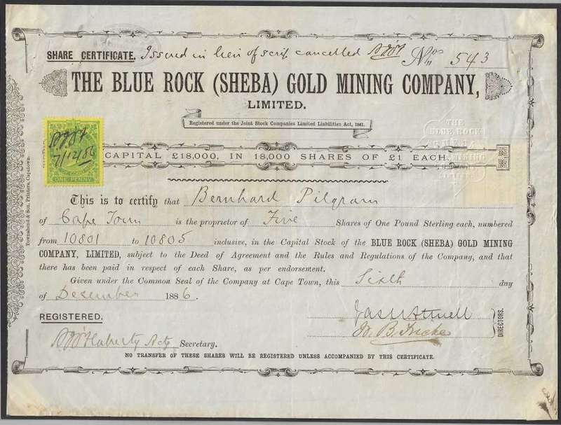 Transvaal (ZAR): Historic 1886 BLUE ROCK (SHEBA) GOLD MINING COMPANY LTD Share certificate.
