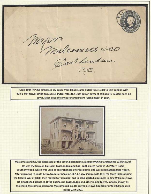 Cape 1904 Historic Malcomess & Co cover from Elliot to East London. See below.