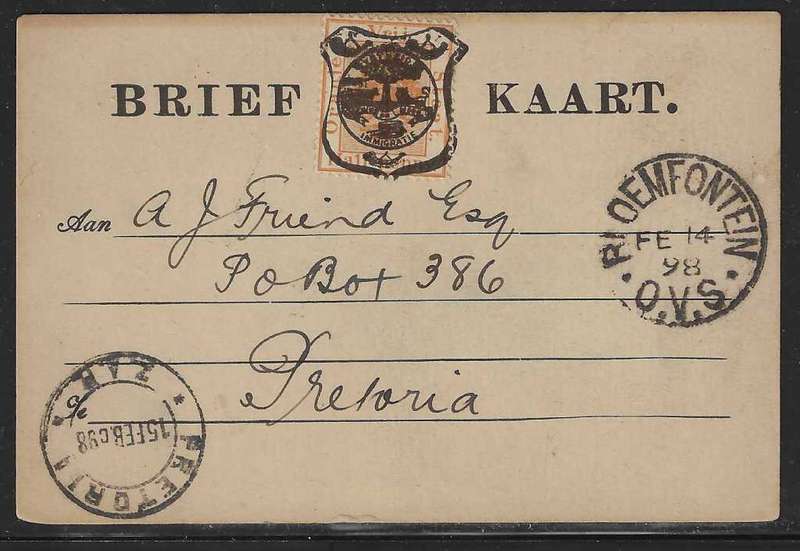 OFS 1898 (FE 14) 11th PTG Stamp B/Kaart Bloemfontein to Pretoria. See below.