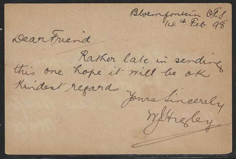 OFS 1898 (FE 14) 11th PTG Stamp B/Kaart Bloemfontein to Pretoria. See below.