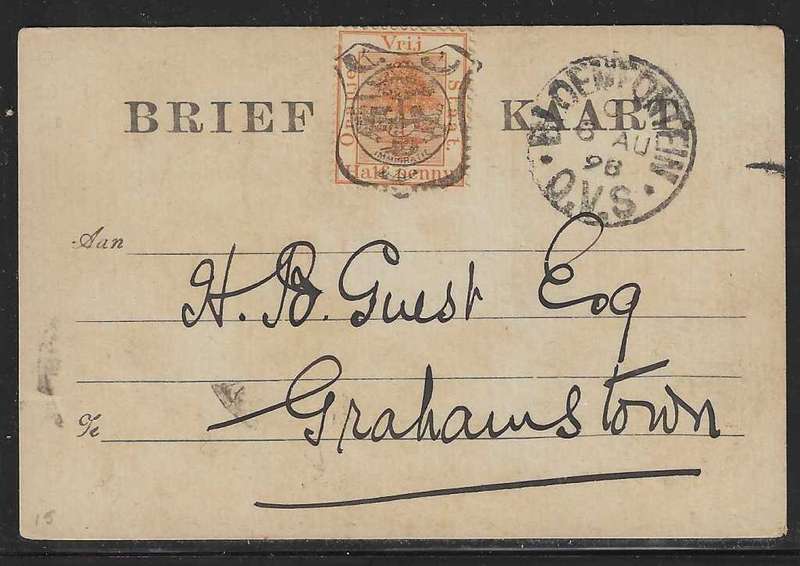 OFS 1898 (6 AU) 11th PTG Stamp B/Kaart Bloemfontein to Grahamstown. See below.