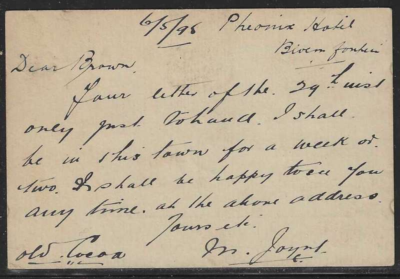 OFS 1898 (MY 9) 11th PTG Stamp B/Kaart Bloemfontein redirected to Johannesburg. See below.