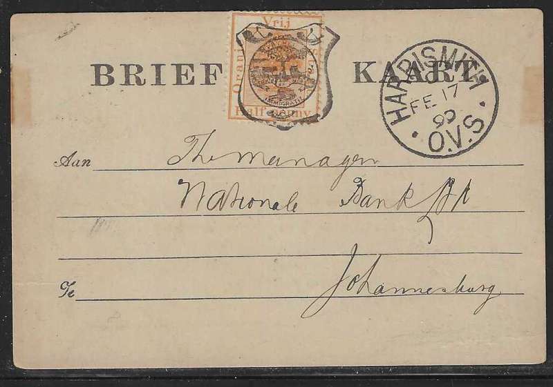 OFS 1899 (FE 17) 11th PTG Stamp B/Kaart Harrismith to Johannesburg. See below.