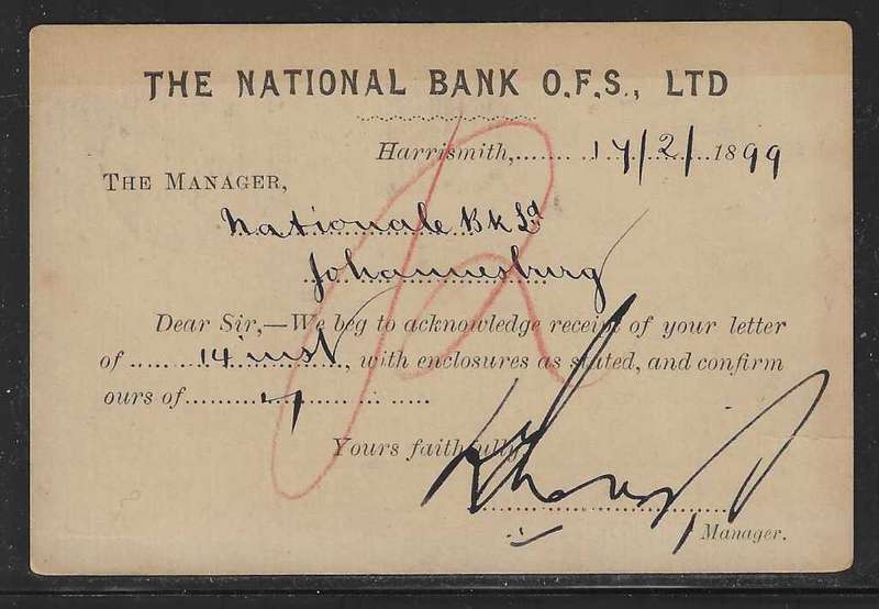OFS 1899 (FE 17) 11th PTG Stamp B/Kaart Harrismith to Johannesburg. See below.
