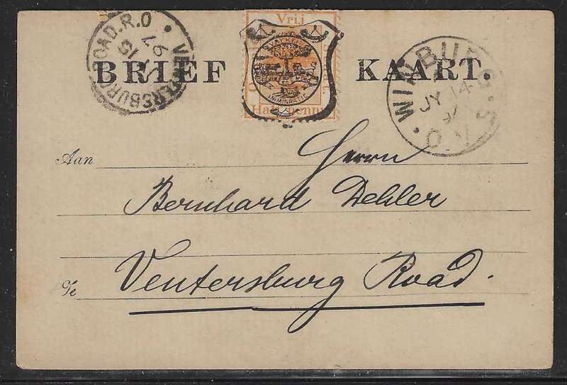 OFS 1897 (JU 14) scarce 11th PTG Stamp B/Kaart Winburg to Ventersburg Road. See below.