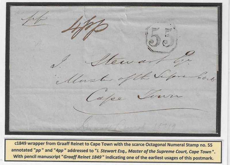 Cape: c1849 wrapper from Graaff Reinet to Cape Town with ON number 55. See below.