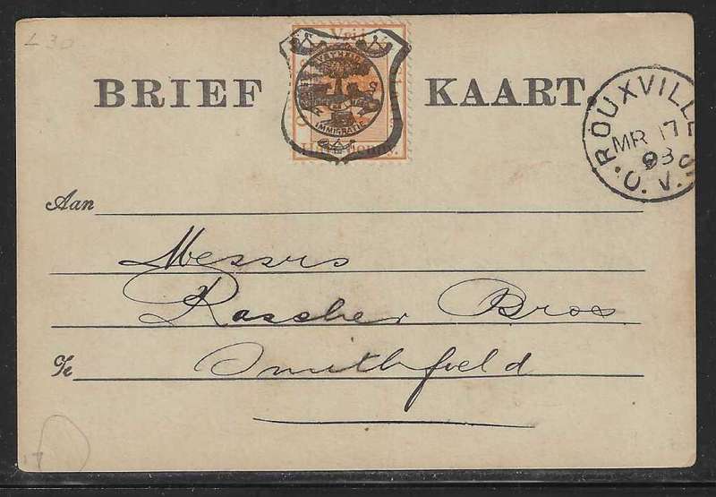 OFS 1898 (MR 17) scarce 11th PTG Stamp B/Kaart Rouxville to Smithfield. See below.